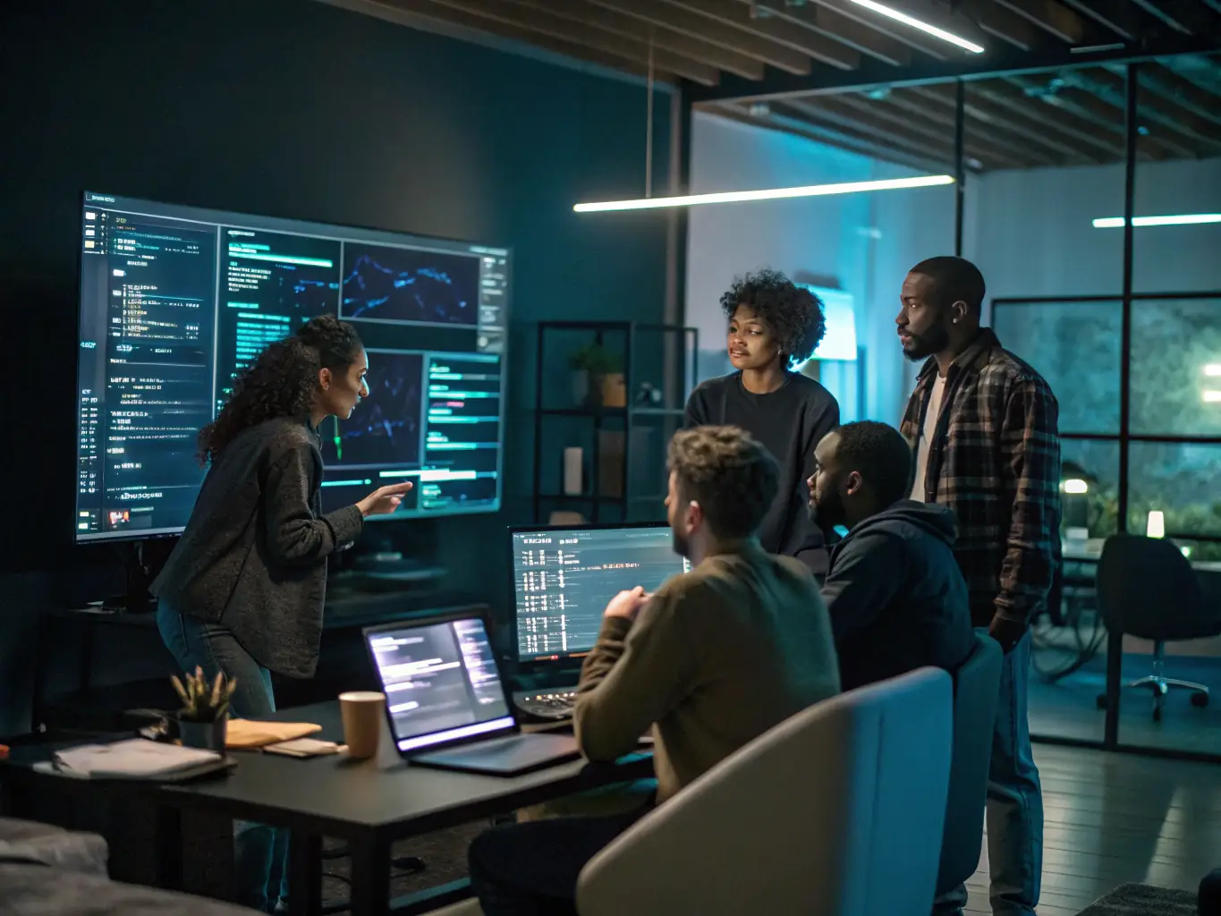An image showing a diverse team of software developers collaborating around a large interactive screen displaying complex code and architectural diagrams, set in a modern, open-plan office environment, symbolizing teamwork and innovation in custom software development at 325 Technologies LLC.