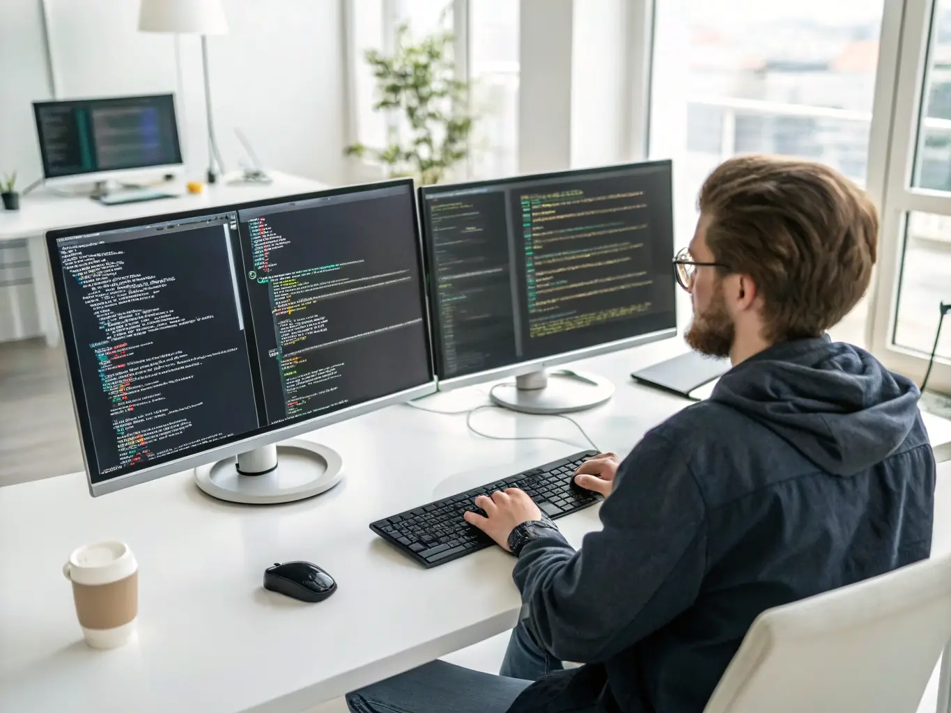 A software developer is writing code on a computer, with multiple monitors displaying complex lines of code and data visualizations, in a modern office setting, representing custom software development.