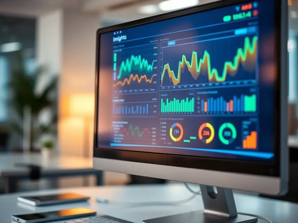An enterprise system dashboard is displayed on a large screen, showing real-time data analytics, performance metrics, and key performance indicators (KPIs), representing custom enterprise system development.